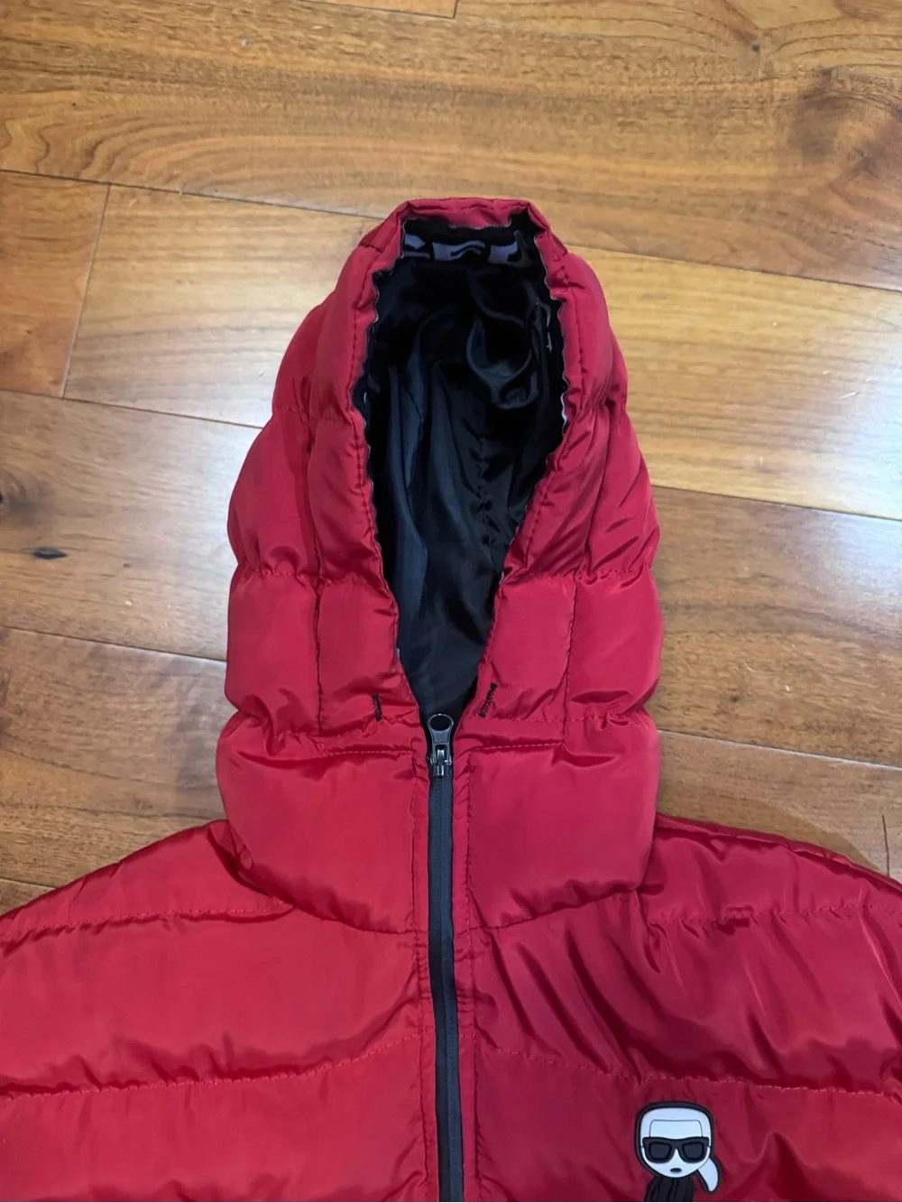 Karl Lagerfeld Red Hooded Puffer Jacket with Icon Patch- size s